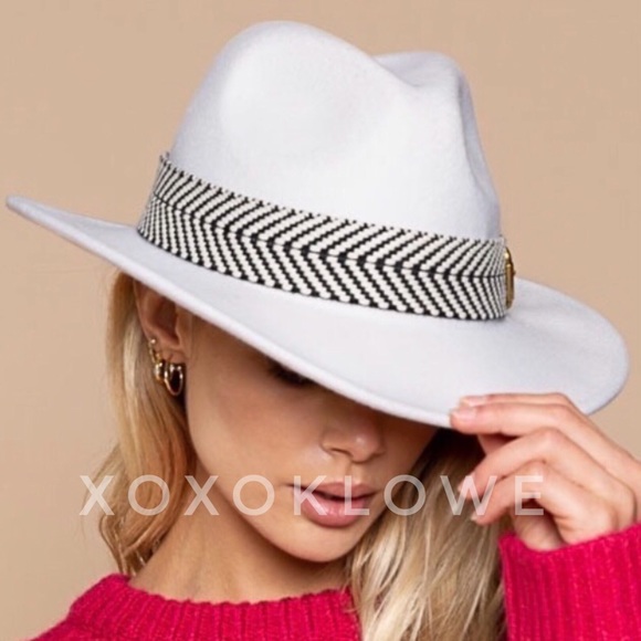 Ivory Wool Wide Brim Hat with Chevron Pattern Buckle Strap - Picture 7 of 7